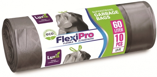 Saci menajeri Flexipro Silver cu snur Luxia, LDPE, 60 L, 10 buc/rola